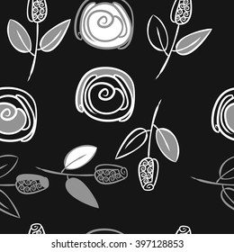 Seamless   pattern of floral  motif,branches, stylized flowers, bud, spirals. Hand drawn.