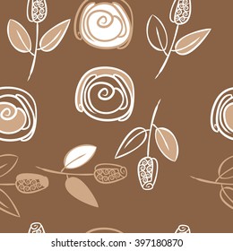Seamless   pattern of floral  motif,branches, stylized flowers, bud, spirals. Hand drawn.