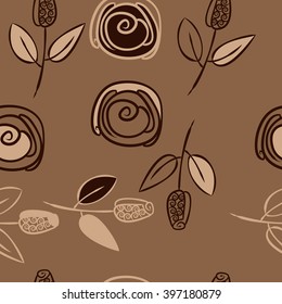 Seamless   pattern of floral  motif,branches, stylized flowers, bud, spirals. Hand drawn.