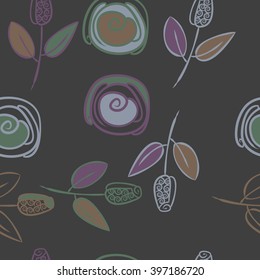 Seamless   pattern of floral  motif,branches, stylized flowers, bud, spirals. Hand drawn.