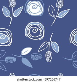 Seamless   pattern of floral  motif,branches, stylized flowers, bud, spirals. Hand drawn.