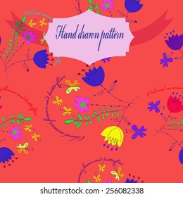 Seamless pattern of floral motif,circular text,  label    on a    pale rosy background. Hand drawn.