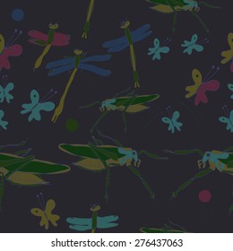 Seamless pattern of floral motif,doodles, ellipses, butterflies, insects. Hand drawn.