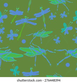 Seamless pattern of floral motif,doodles, ellipses, butterflies, insects. Hand drawn.