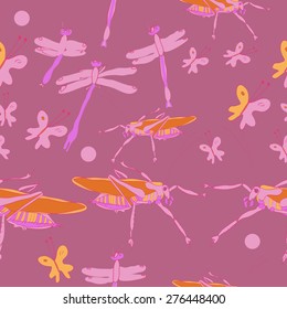 Seamless pattern of floral motif,doodles, ellipses, butterflies, insects. Hand drawn.