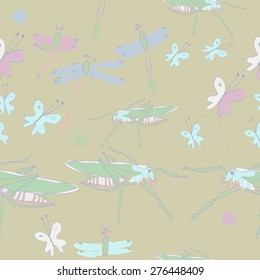 Seamless pattern of floral motif,doodles, ellipses, butterflies, insects. Hand drawn.