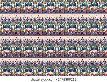 Seamless pattern with floral motifs and birds. Textile rapport. Flower and sparrow bird vector background.