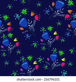 Seamless pattern of floral motifs, bouquets, branches on a dark blue  background. Hand drawn.