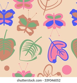 Seamless   pattern of  floral motifs,  butterflies,leaves,  doodles. Hand drawn.