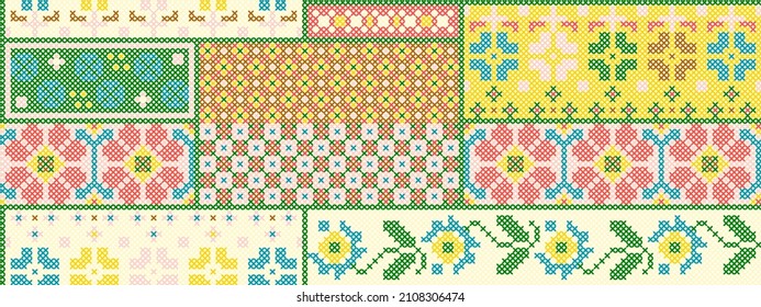 Seamless Pattern Floral Motifs Cross Stitch Vector Color