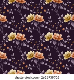 A seamless pattern of floral motifs. The design features a variety of delicate, stylized flowers in shades of peach, orange, and pale yellow, arranged on dark, plum-purple stems and branches.