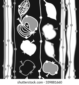 Seamless   pattern  of floral motifs, doodles,  apples, leaves, stripes. Hand drawn.
