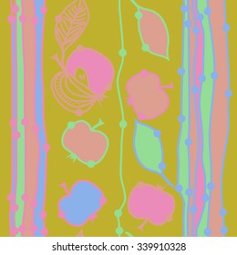 Seamless   pattern  of floral motifs, doodles,  apples, leaves, stripes. Hand drawn.