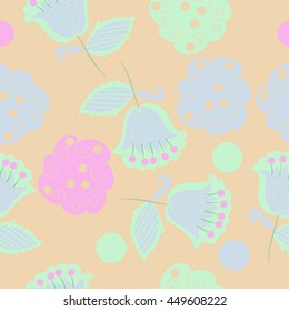  Seamless  pattern of floral motifs, doodles,  object,leaves, flowers, spirals, stripes,ellipses, bell, spot. Hand drawn.