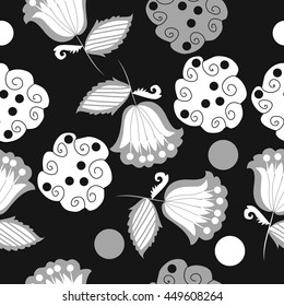  Seamless  pattern of floral motifs, doodles,  object,leaves, flowers, spirals, stripes,ellipses, bell, spot. Hand drawn.