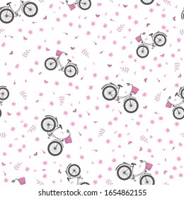 Seamless pattern with floral motifs of elements and bicycles. 