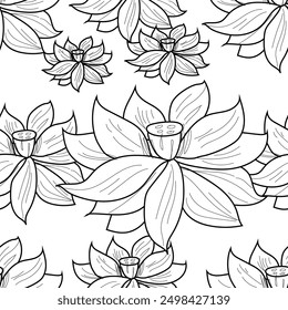 Seamless Pattern with Floral Motifs. Endless Texture with Flowers, Leaves etc. Natural Background in Doodle Line Style. Coloring Book Page. Contour Illustration. Abstract Art