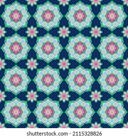 Seamless pattern with floral motifs on a dark blue background. Drawing for fabric, textiles, wrapping paper, wallpaper.