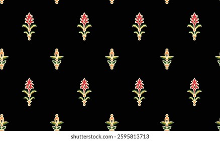 Seamless pattern of floral motifs on a black background, for textile, wallpaper, gift wrapping, print