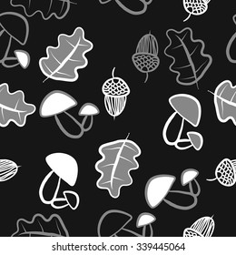 Seamless   pattern of  floral motifs,leaves,acorns, mushrooms,  doodles. Hand drawn.