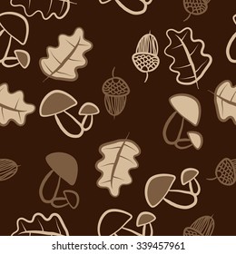 Seamless   pattern of  floral motifs,leaves,acorns, mushrooms,  doodles. Hand drawn.