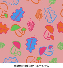 Seamless   pattern of  floral motifs,leaves,acorns, mushrooms,  doodles. Hand drawn.