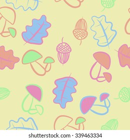 Seamless   pattern of  floral motifs,leaves,acorns, mushrooms,  doodles. Hand drawn.