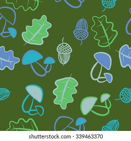 Seamless   pattern of  floral motifs,leaves,acorns, mushrooms,  doodles. Hand drawn.