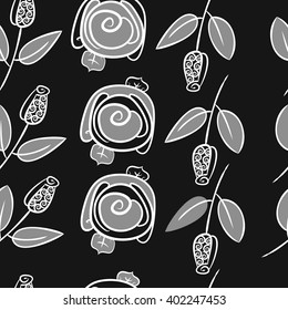 Seamless pattern of floral motifs,stylized rosy, branches, leaves, spirals . Hand drawn.
