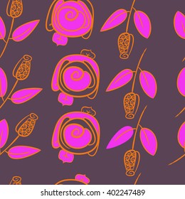 Seamless pattern of floral motifs,stylized rosy, branches, leaves, spirals . Hand drawn.