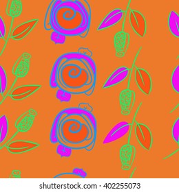 Seamless pattern of floral motifs,stylized rosy, branches, leaves, spirals . Hand drawn.