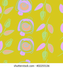 Seamless pattern of floral motifs,stylized rosy, branches, leaves, spirals . Hand drawn.