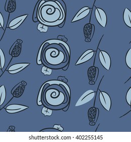 Seamless pattern of floral motifs,stylized rosy, branches, leaves, spirals . Hand drawn.