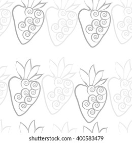 Seamless  pattern of floral motif,strawberry, object,leaves, spirals,fruit. Hand drawn.
