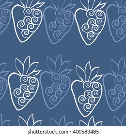 Seamless  pattern of floral motif,strawberry, object,leaves, spirals,fruit. Hand drawn.