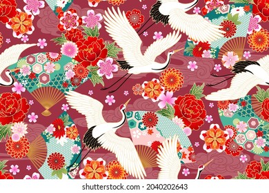 Seamless pattern with floral motives and cranes 