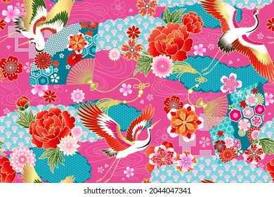 Seamless pattern with floral motives and cranes  - Shutterstock ID 2044047341