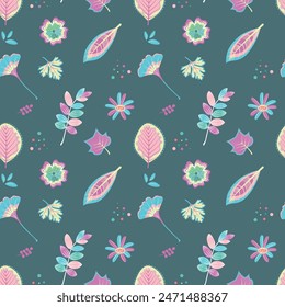 Seamless pattern with floral in nursery style. Dark green background. Perfect for children's clothing design. Home textiles, stationery, fabric print, scrapbook elements and wrapping paper design.