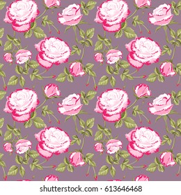 Seamless pattern of floral ornament of beautiful pink roses for wallpaper background in vintage style print for textiles.Rose flower.Vector illustration.