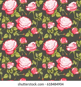 Seamless pattern of floral ornament of beautiful pink roses for wallpaper background in vintage style print for textiles.Rose flower.Vector illustration.