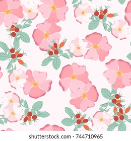 Seamless pattern of floral ornament of beautiful rose hip for wallpaper background in vintage style print for textiles.Wild rose flower.Vector illustration.