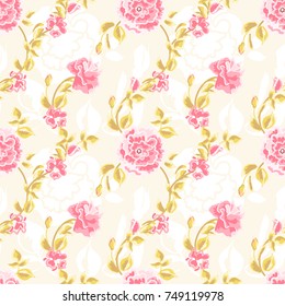 Seamless pattern of floral ornament of beautiful pink roses for wallpaper background in vintage style print for textile.Rose flower.Vector illustration