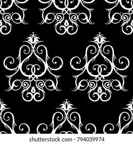 Seamless pattern with floral ornament. Black and white background.