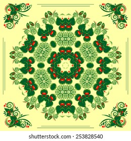 seamless pattern with floral ornament with elements of berries and leaves on yellow background