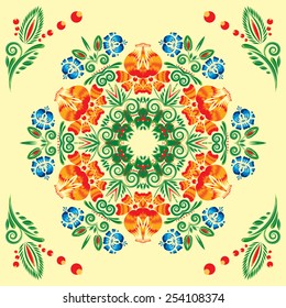 seamless pattern with floral ornament with elements of berries and leaves on yellow background