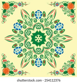 seamless pattern with floral ornament with elements of berries and leaves on yellow background