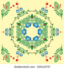 seamless pattern with floral ornament with elements of berries and leaves on yellow background