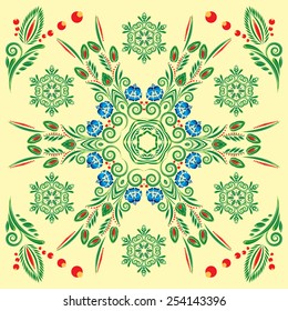 seamless pattern with floral ornament with elements of berries and leaves on yellow background