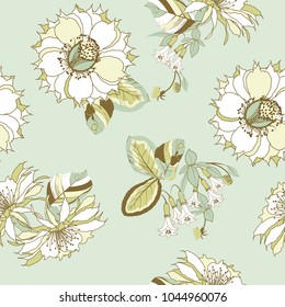 Seamless pattern of floral ornament of exotic flower and tropical leaves for wallpaper background in English style print for textiles.Vector illustration.