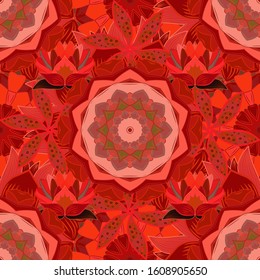 Seamless pattern with floral ornament. Flowers on red, pink and orange colors. Vector illustration.